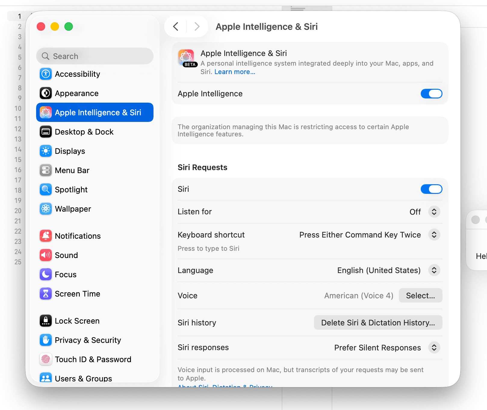 Системные настройки macOS: Apple Intelligence и Siri