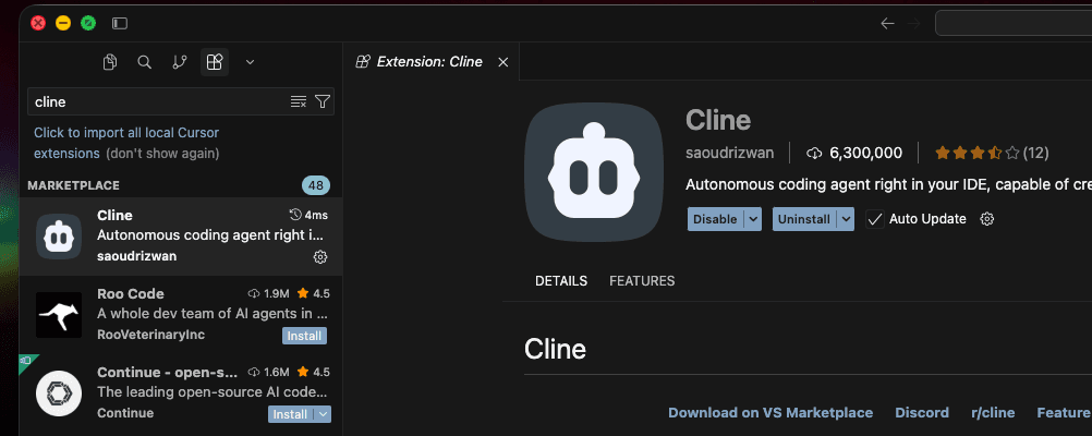 Extensions: поиск cline, карточка расширения Cline от saoudrizwan