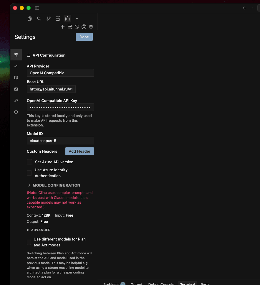 Settings Cline: API Provider OpenAI Compatible, Base URL https://api.aitunnel.ru/v1, Model ID claude-opus-5