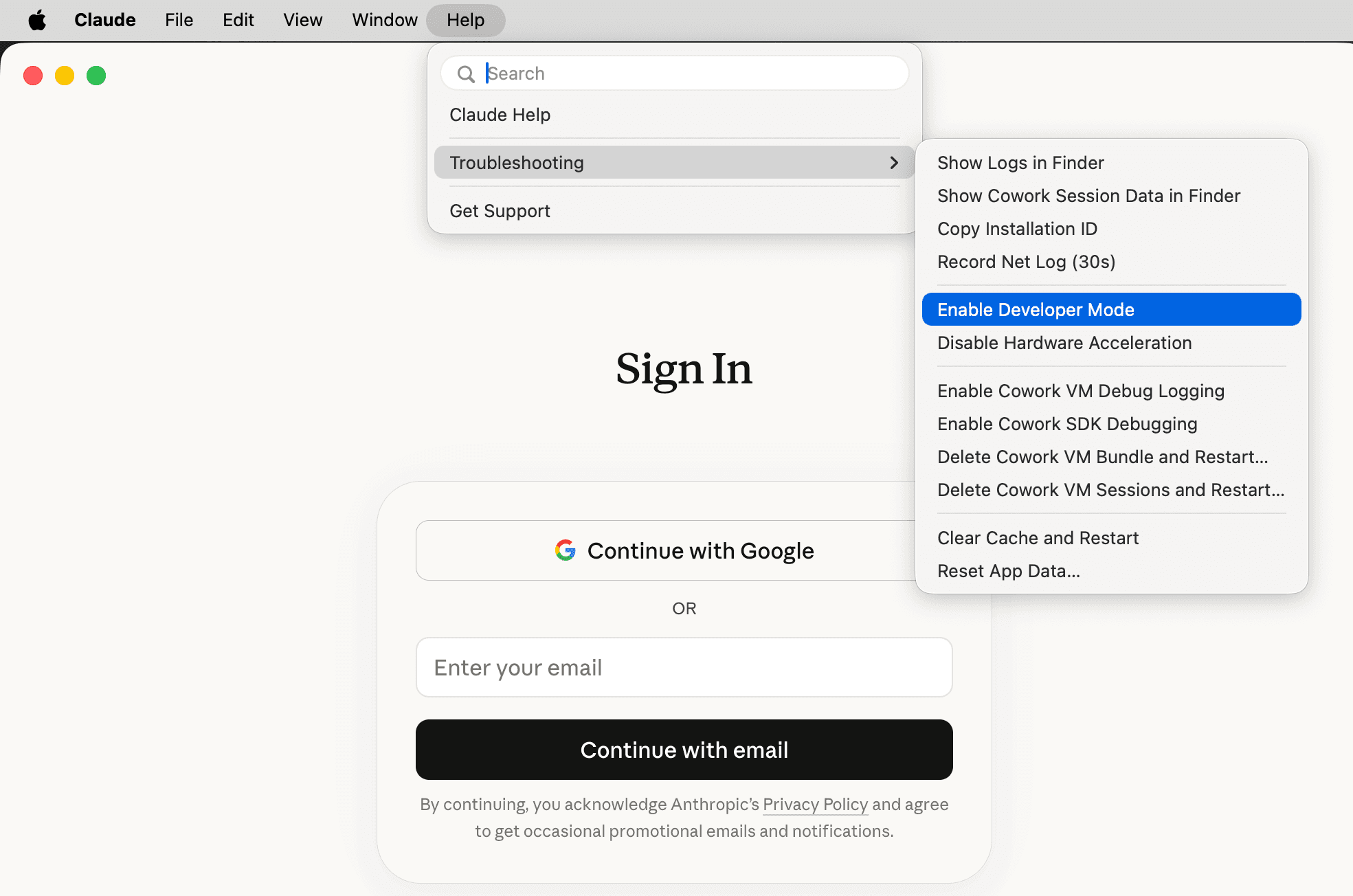 Меню Help → Troubleshooting с пунктом Enable Developer Mode