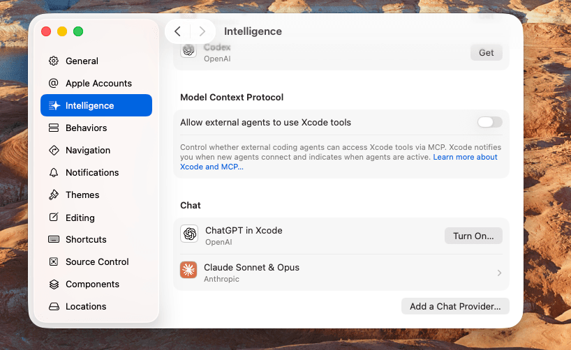 Xcode Settings → Intelligence, кнопка Add a Chat Provider